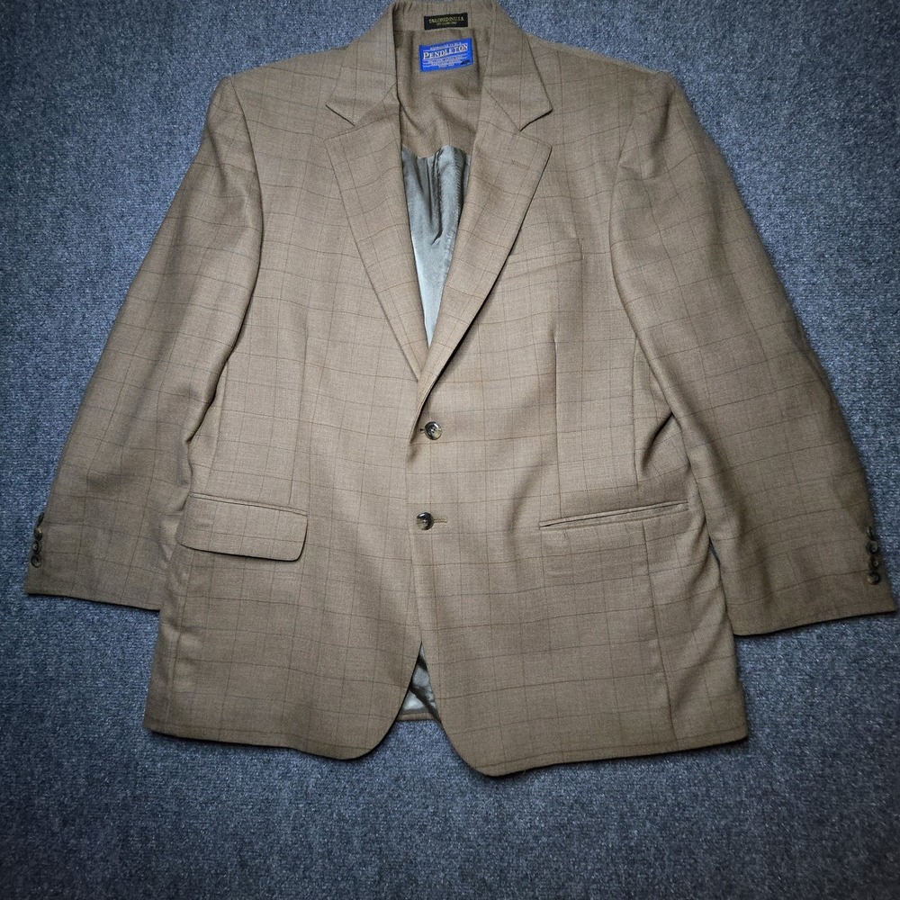 Pendleton Blazer Mens 44R Brown Tan Windowpane Wool Sport Coat‎ Jacket